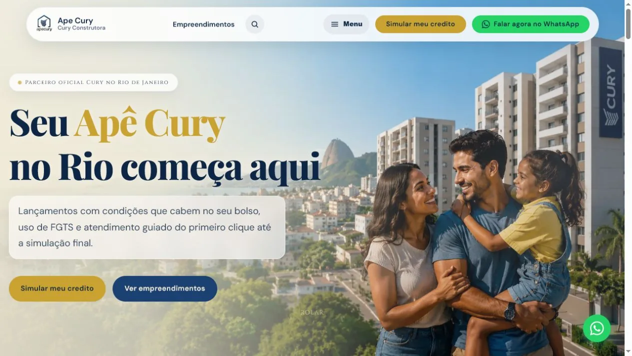 Print da página inicial de Apê Cury, exemplo de site no portfólio de Soluções Digitais