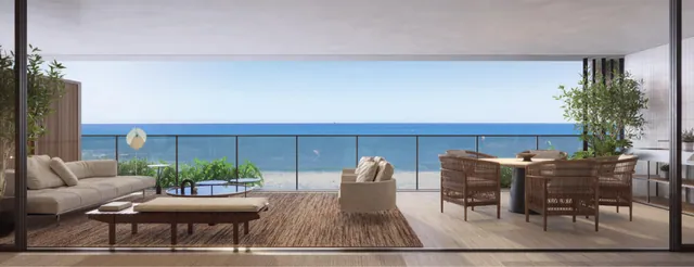Perspectiva da varanda do RIIO by Piero Lissoni com vista para o mar na Barra da Tijuca