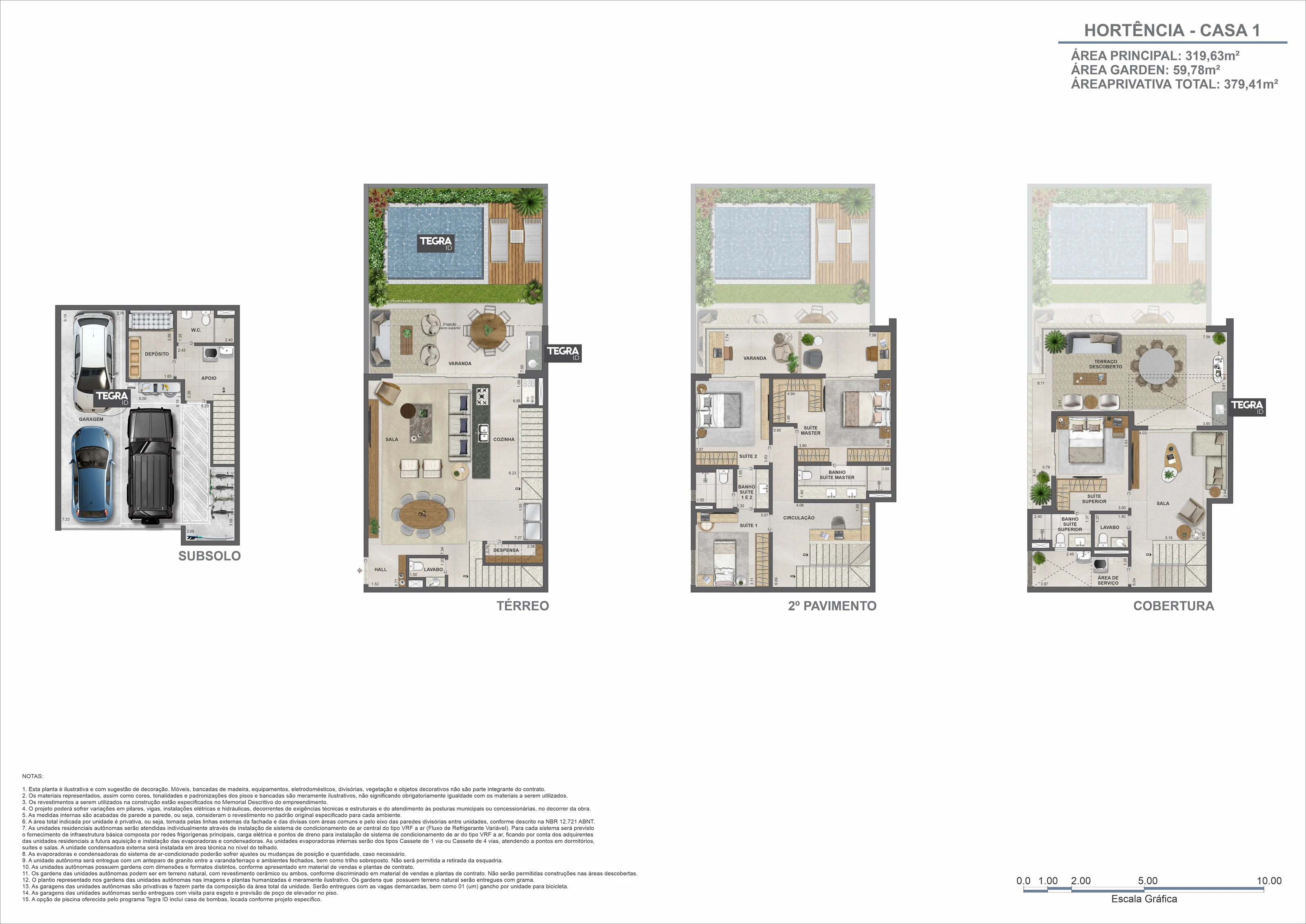Planta ilustrativa dos quatro pavimentos da casa 1, bloco Hortência, Claris Casa e Clube da Tegra na Barra da Tijuca